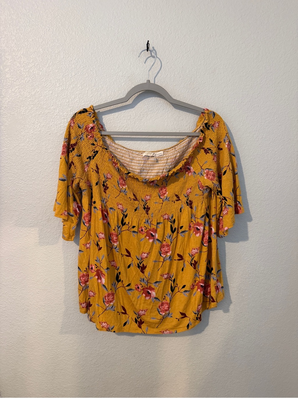 Rewind Mustard Floral off the shoulder Smocked Blouse